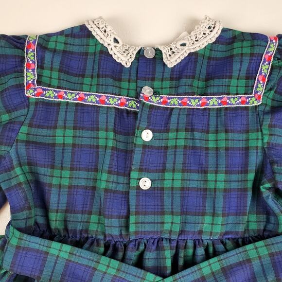 Polly Flinders Vintage Hand Smocked Dress Plaid Lace Floral Green Blue Girls 4 - Picture 6 of 6